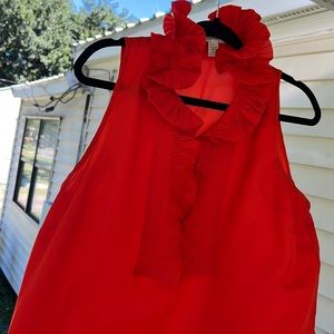 J. Crew Flame red orange pleated ruffle-neckline sleeveless blouse vintage EUC